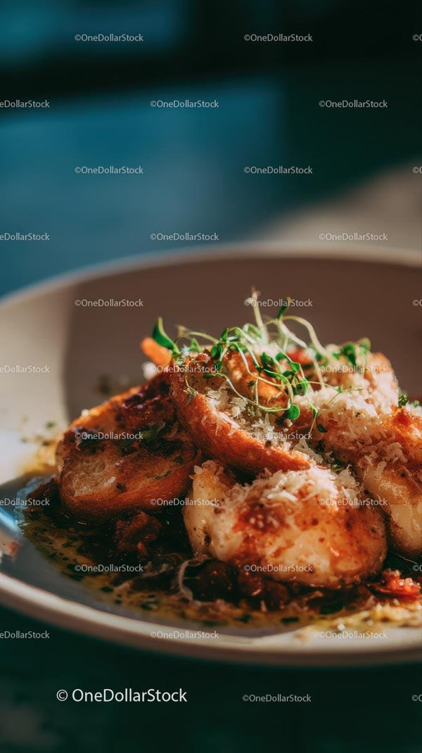 Gourmet Shrimp Dish with Crispy Bread and Microgreens