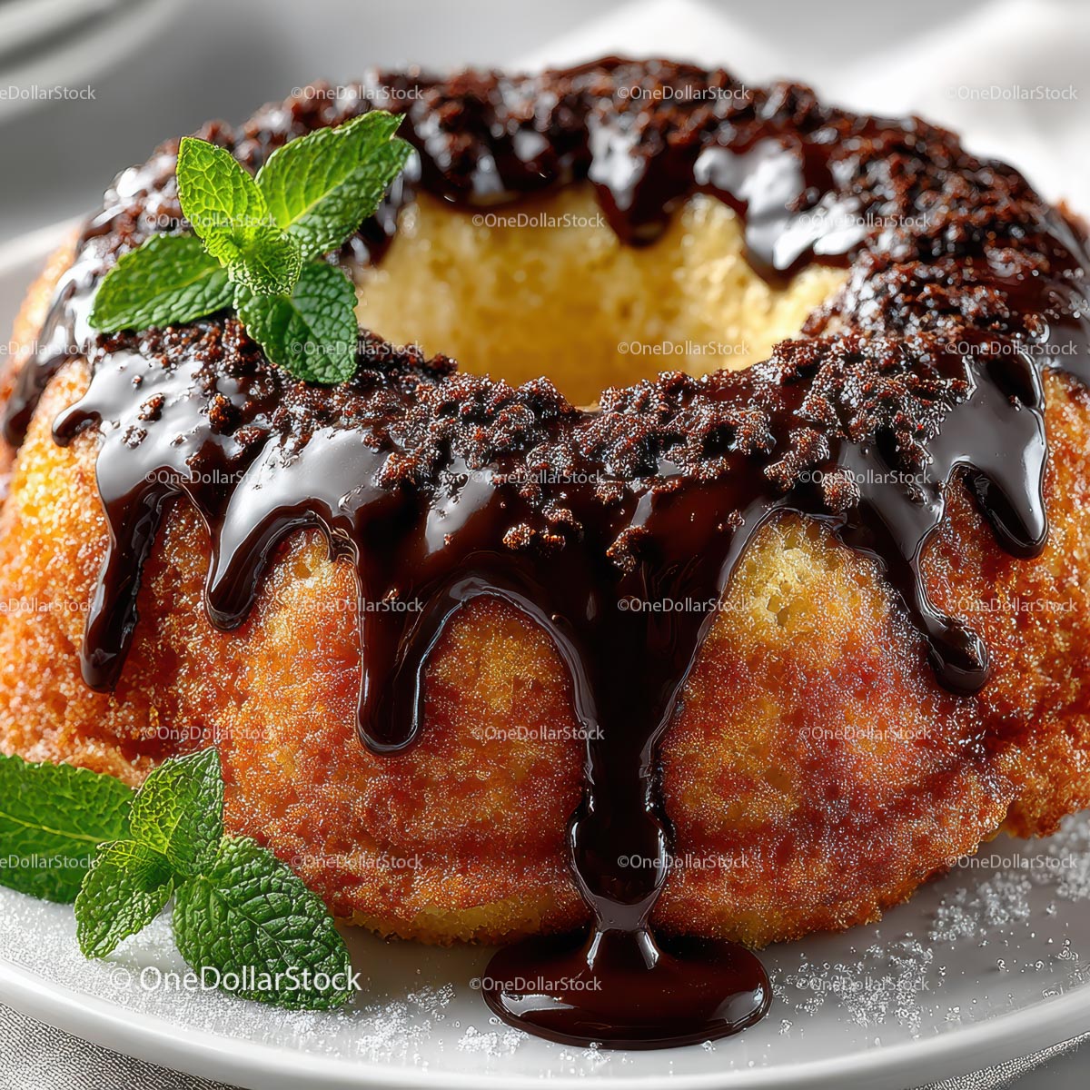 Delicious Bundt Cake with Chocolate Glaze and Mint