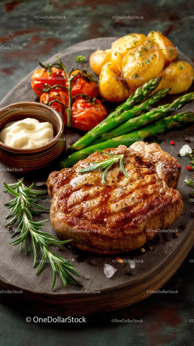 Grillowany stek z rozmarynem i warzywami na desce drewnianej