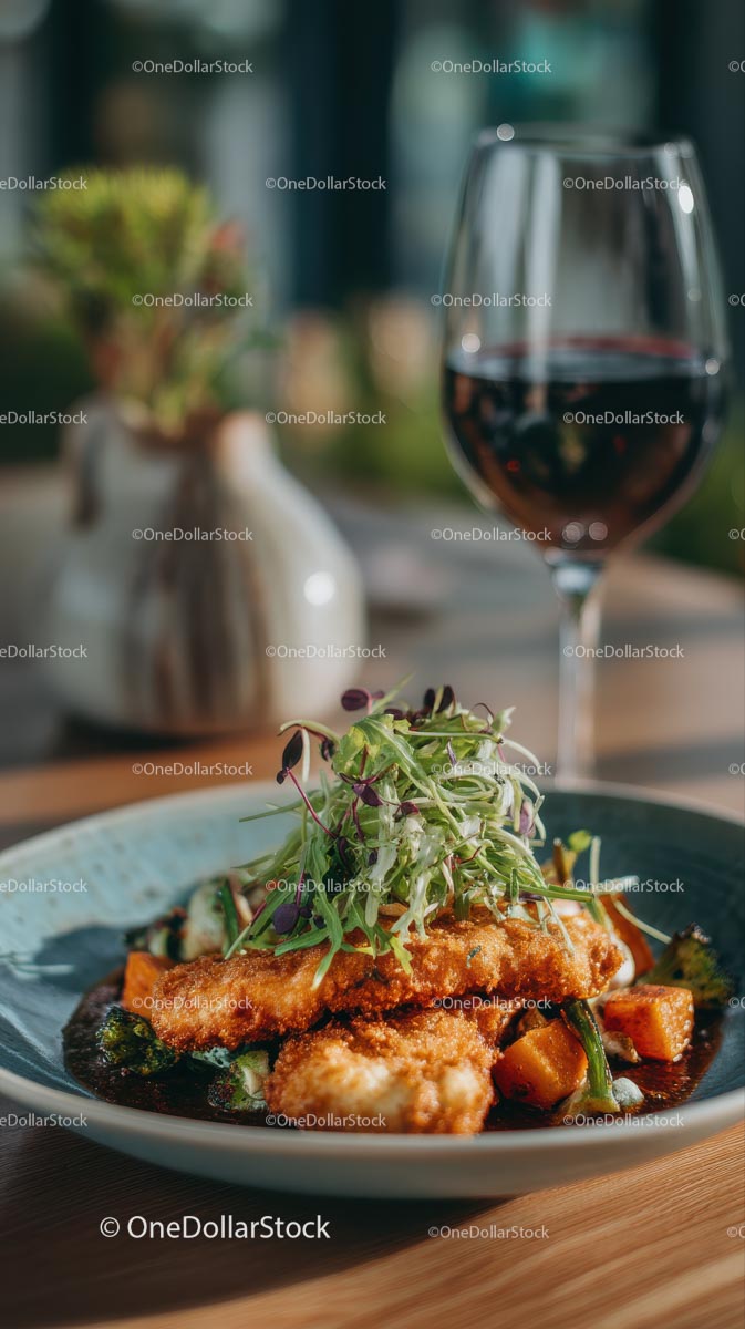 Gourmet Crispy Chicken with Microgreens and Wine