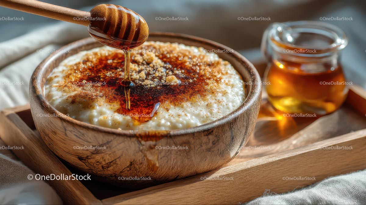 Honey Drizzled Rice Pudding in Wooden Bowl