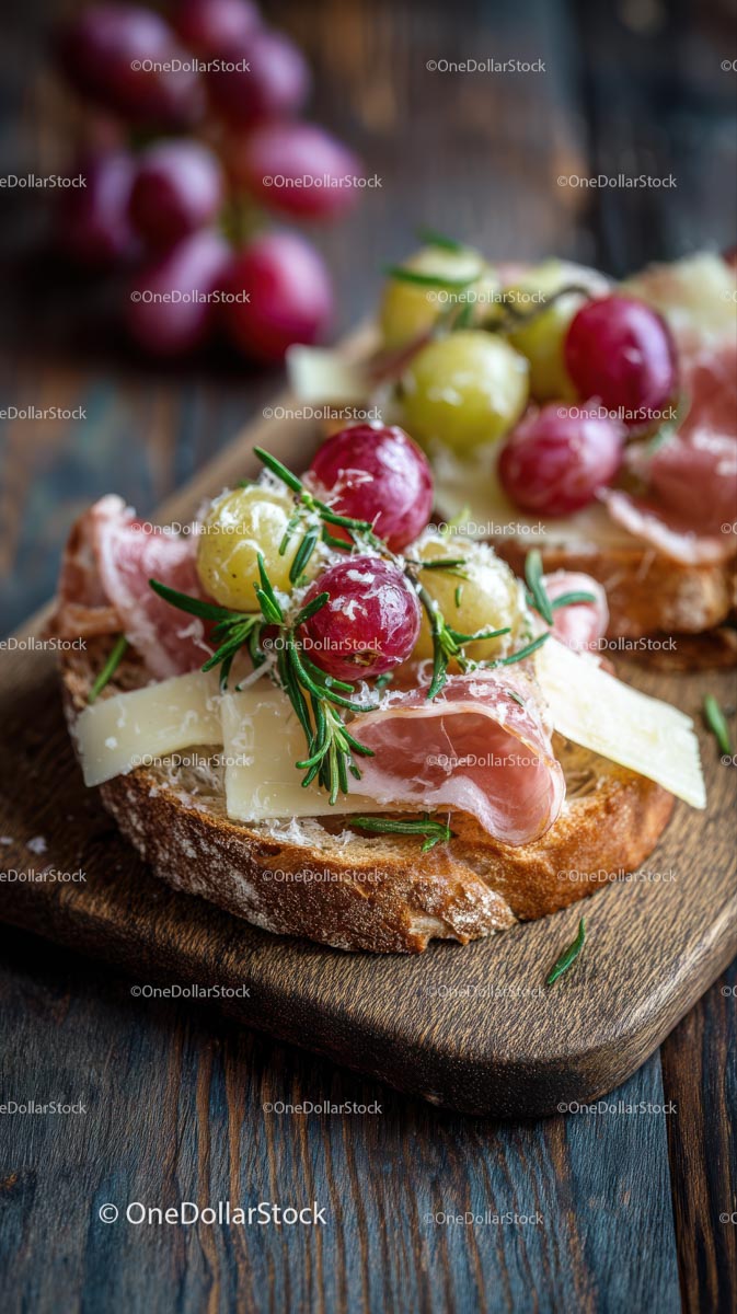 Wykwintny rustykalny tost z winogronami i prosciutto