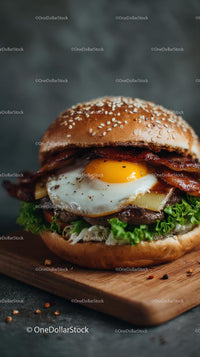 Gourmet Burger with Egg and Bacon on Wooden Board