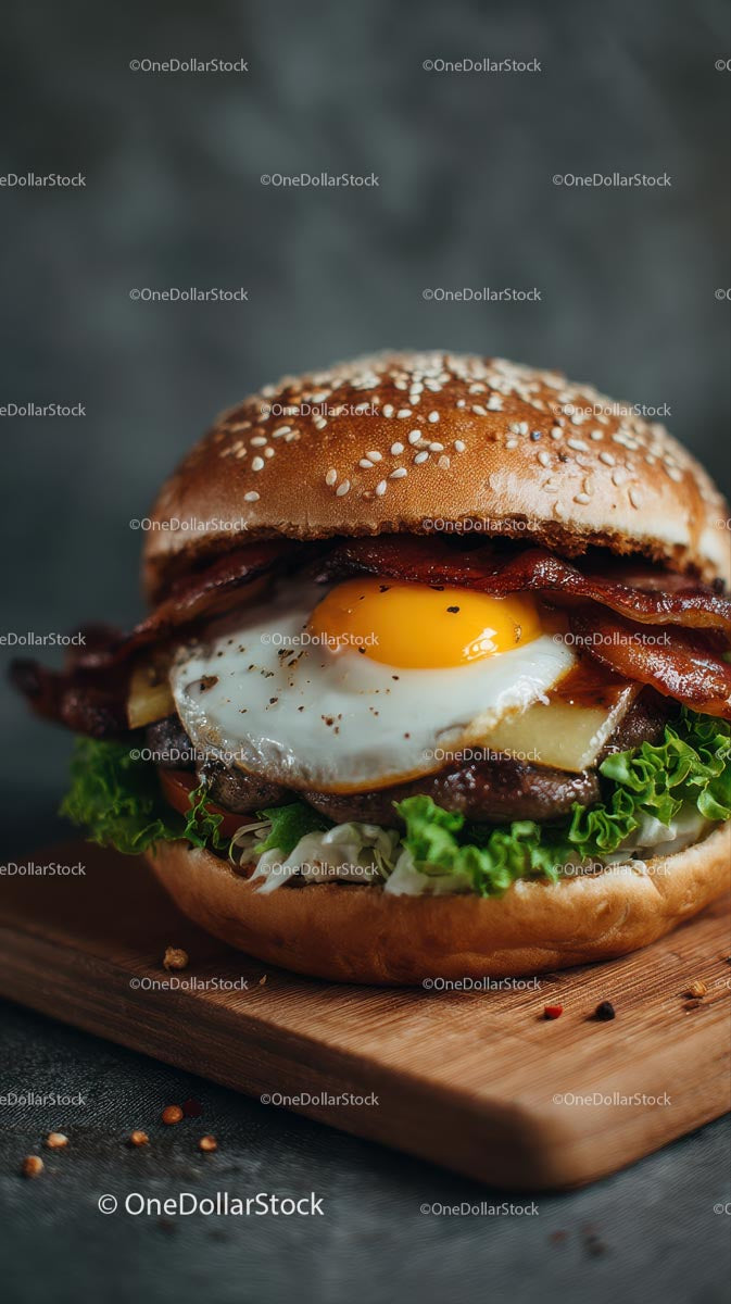 Gourmet Burger with Egg and Bacon on Wooden Board