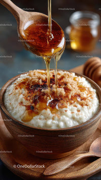 Honey Drizzled Rice Pudding with Cinnamon in Rustic Bowl