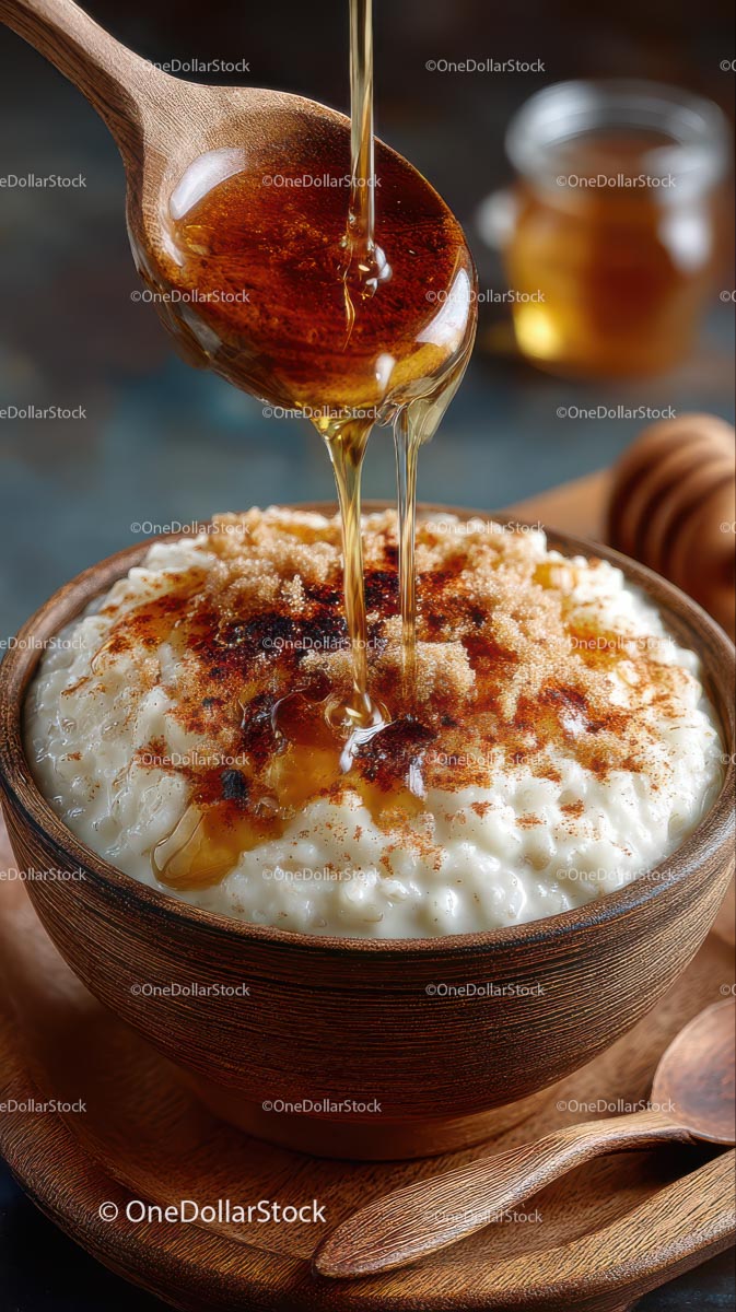 Honey Drizzled Rice Pudding with Cinnamon in Rustic Bowl