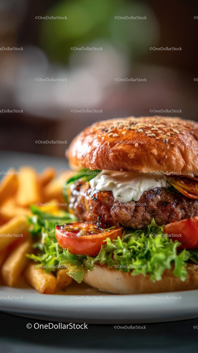 Gourmet Burger with Fresh Lettuce and Fries
