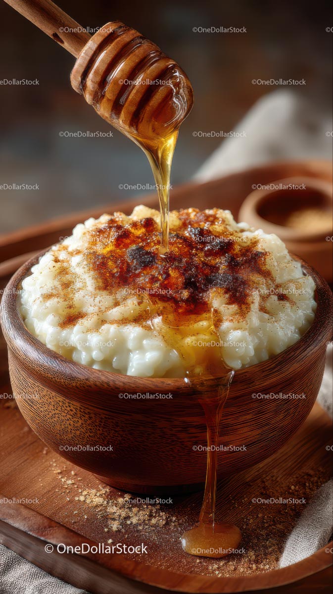 Honey Drizzling over Creamy Dessert in Wooden Bowl