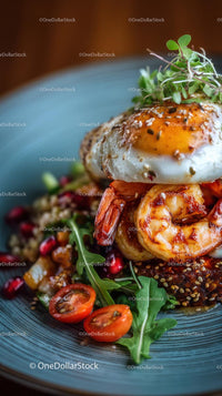 Gourmet Shrimp and Egg Dish with Arugula and Pomegranate