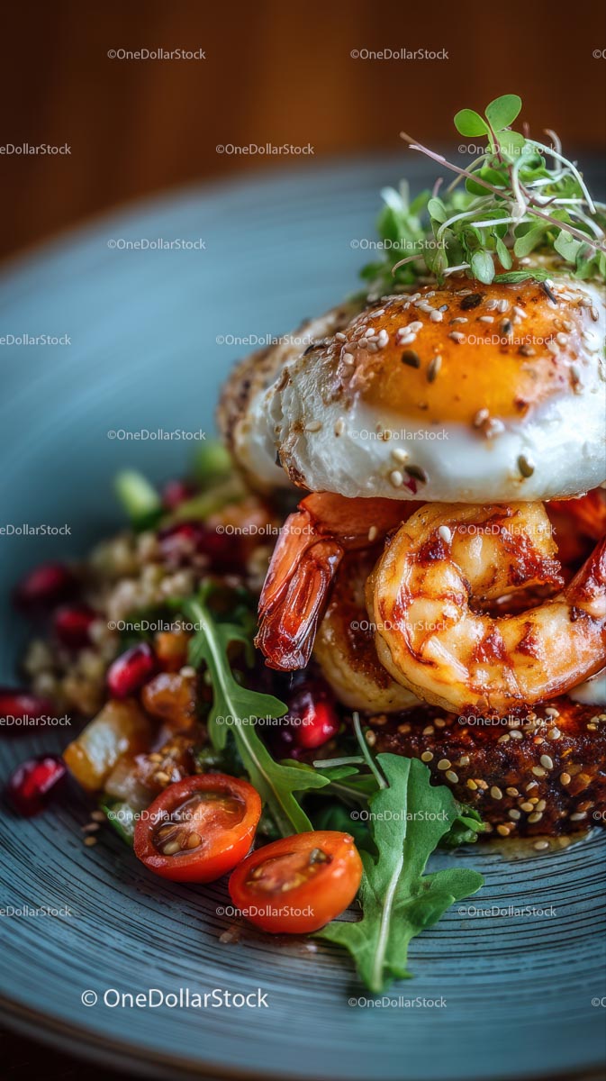 Gourmet Shrimp and Egg Dish with Arugula and Pomegranate