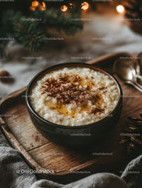 Creamy Rice Pudding with Cinnamon in Cozy Holiday Setting