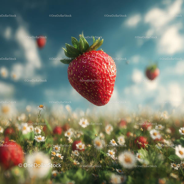 Floating Ripe Strawberry Above a Daisy Field Stock Photo Bundle (20 JPG Files)