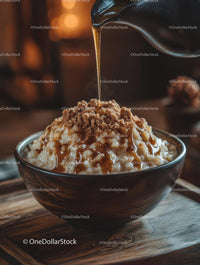 Warm Rice Pudding with Sweet Syrup and Brown Sugar