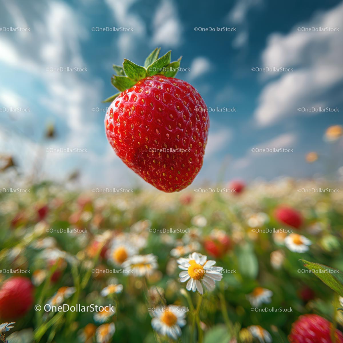 Vibrant Strawberry Floating Over a Field of Daisies