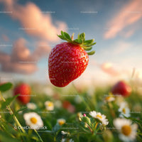 Floating Ripe Strawberry Above a Daisy Field