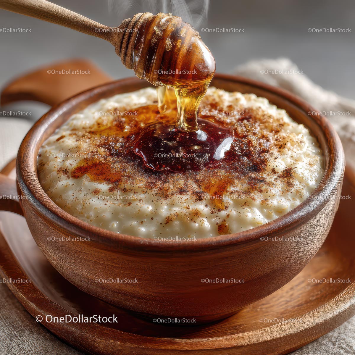 Honey Drizzled Creamy Dessert with Cinnamon in Wooden Bowl