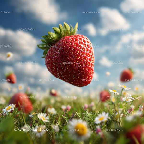 Ripe Strawberry Floating Above Green Field and Daisies