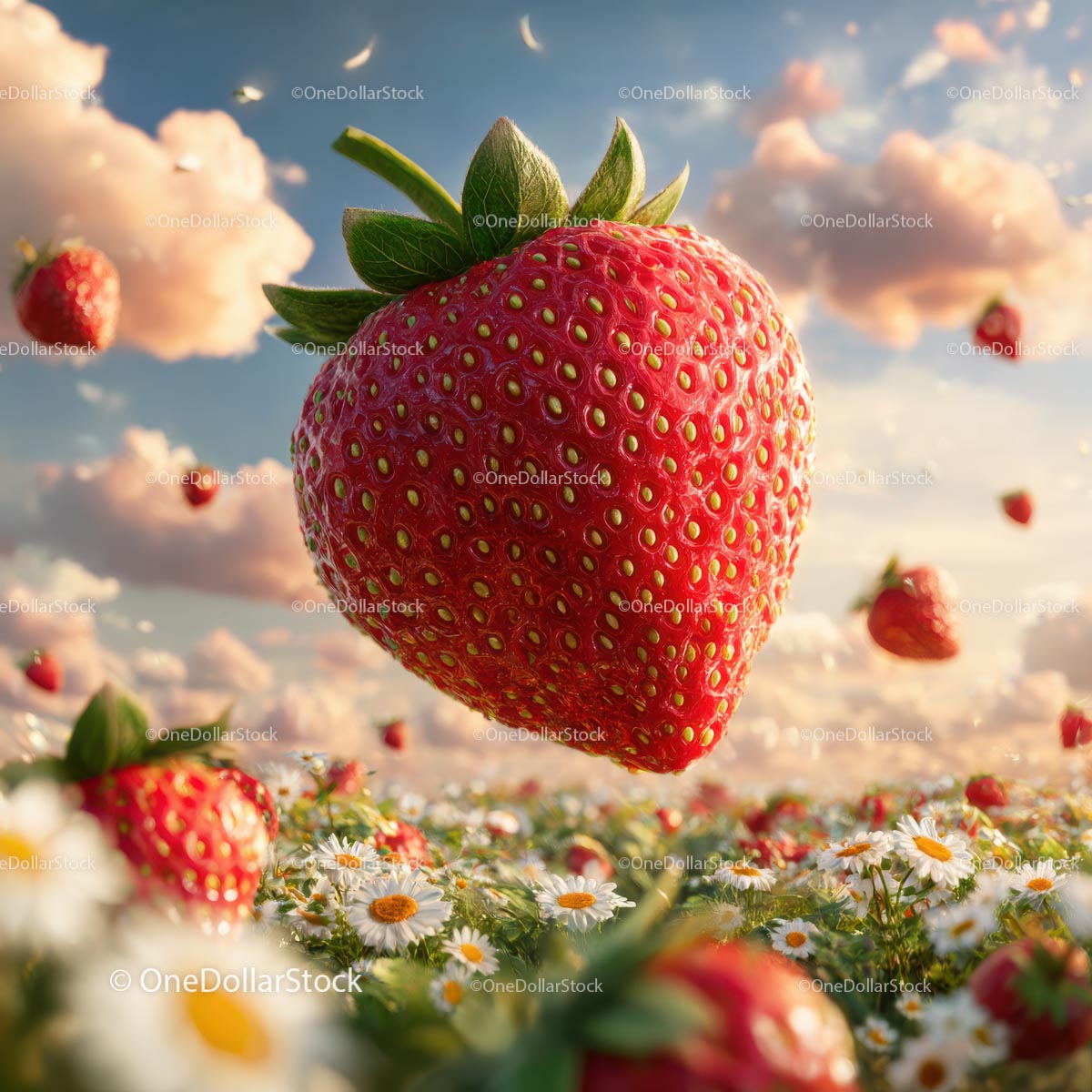 Floating Strawberries Over A Daisy Field