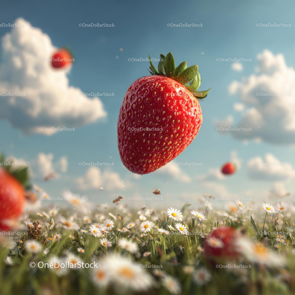 Floating Strawberry Over a Daisy-Laden Field