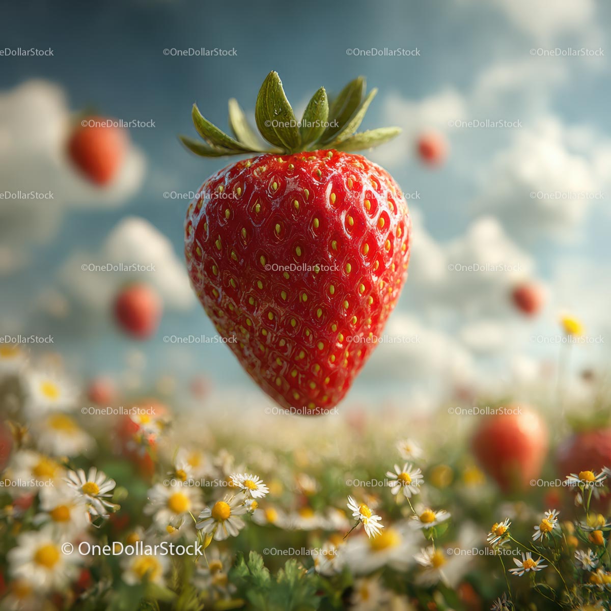 Floating Strawberry in a Daisy Field with Blue Sky