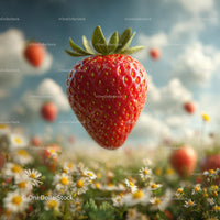 Floating Strawberry in a Daisy Field with Blue Sky