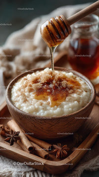 Honey Drizzled Rice Pudding with Cinnamon in Wooden Bowl