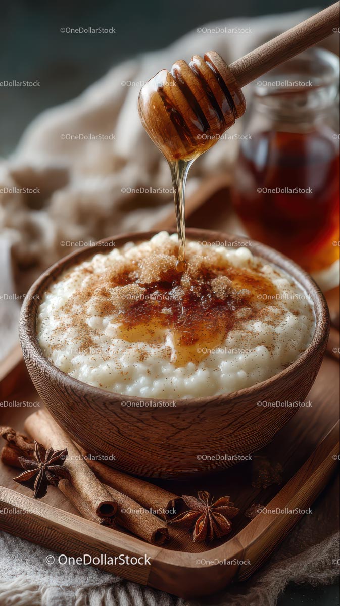 Honey Drizzled Rice Pudding with Cinnamon in Wooden Bowl