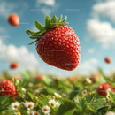 Floating Ripe Strawberry Above a Daisy Field