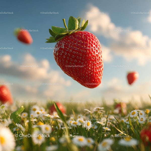 Floating Strawberry Over Daisy Field Under Blue Sky