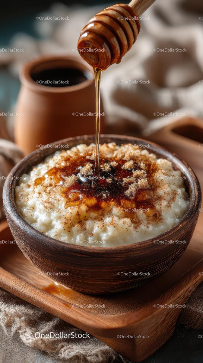 Warm Oatmeal with Honey Drizzle in Wooden Bowl