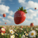 Floating Ripe Strawberry Above a Daisy Field