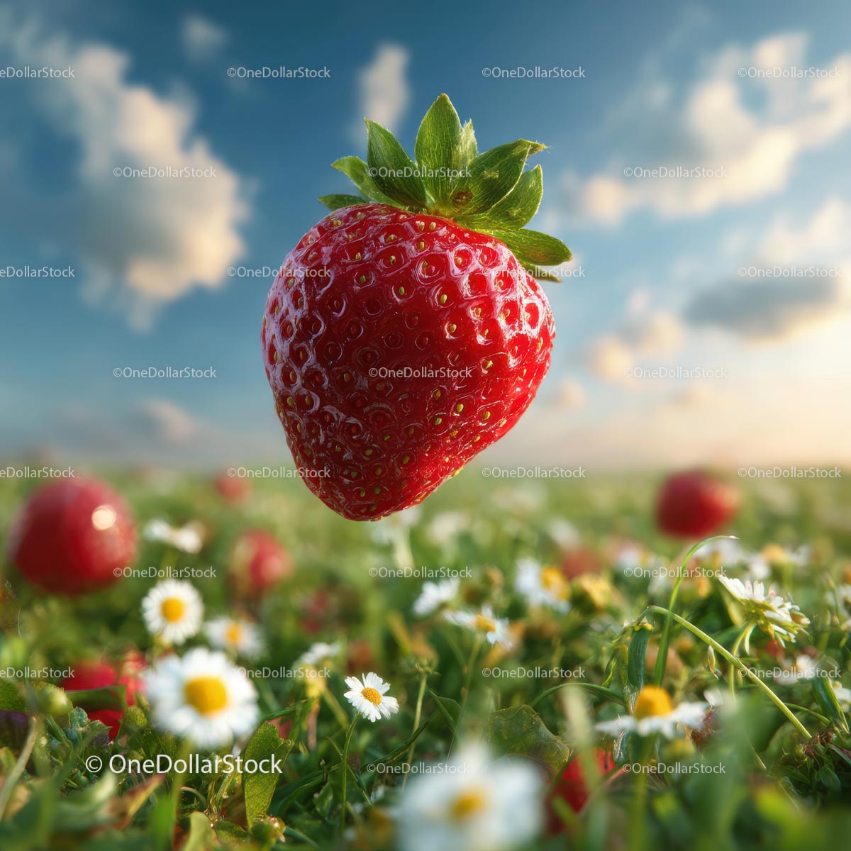 Floating Ripe Strawberry Above a Daisy Field