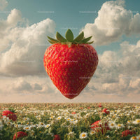 Floating Ripe Strawberry Above a Daisy Field