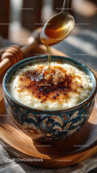 Honey Drizzling Over Creamy Rice Pudding in Artistic Bowl