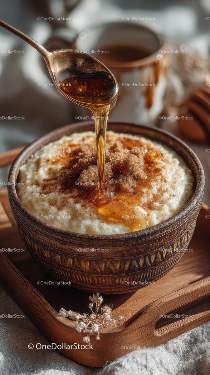 Warm Oatmeal with Honey Drizzle in Rustic Setting