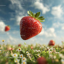 Floating Ripe Strawberry Above a Daisy Field