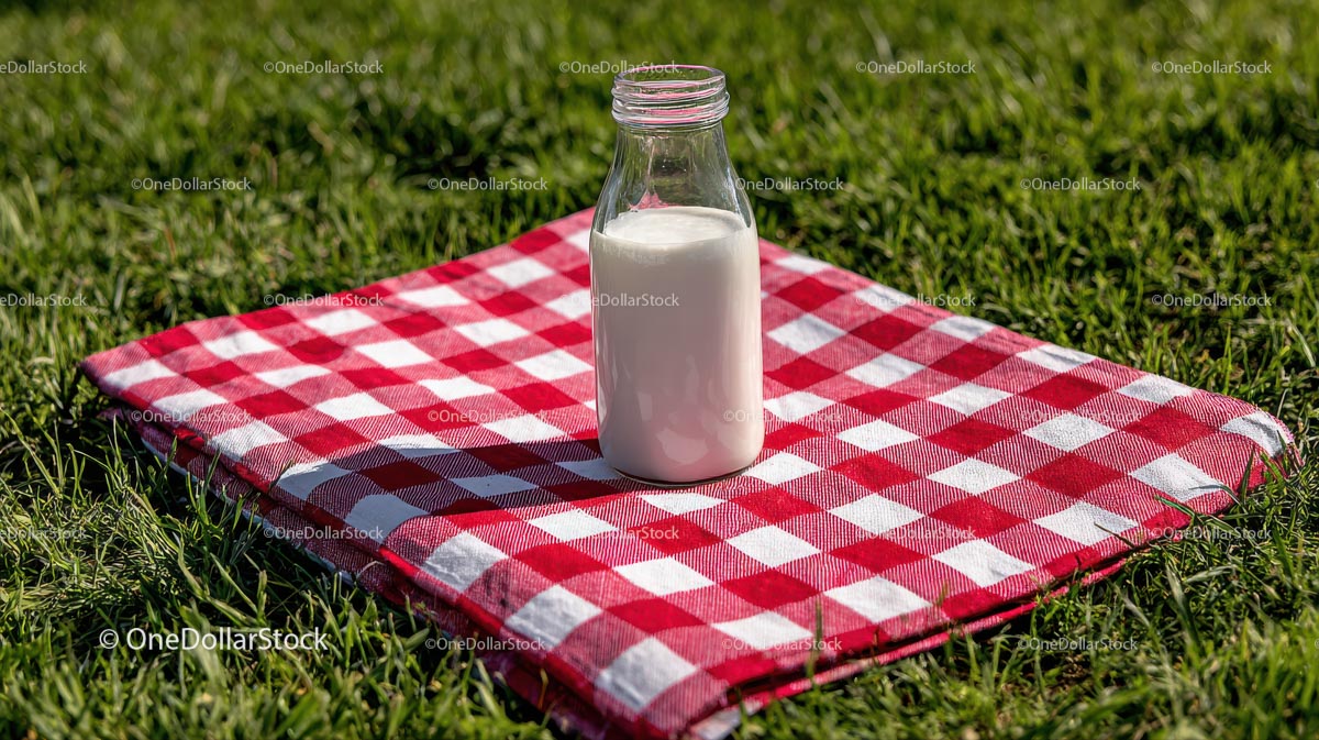 Milk Bottle on Red Checkered Picnic Blanket