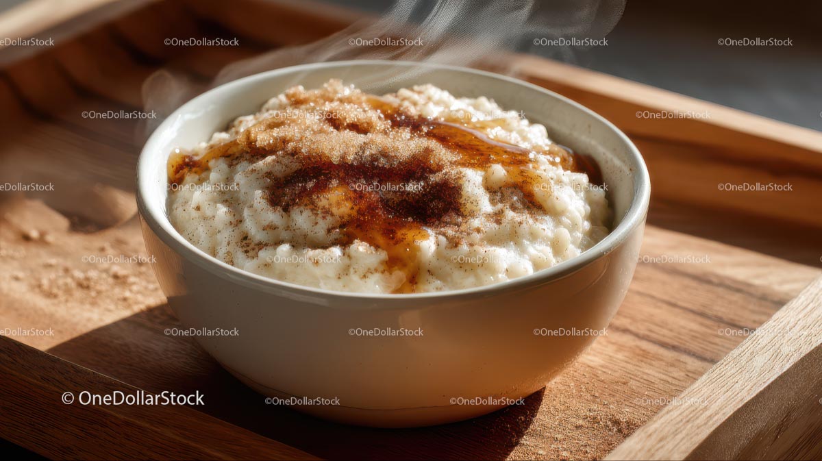 Steamy Bowl of Oatmeal with Cinnamon and Syrup