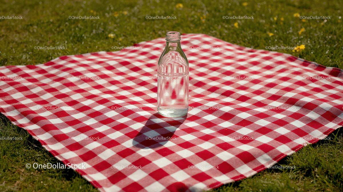 Glass Bottle on Red Checkered Picnic Blanket