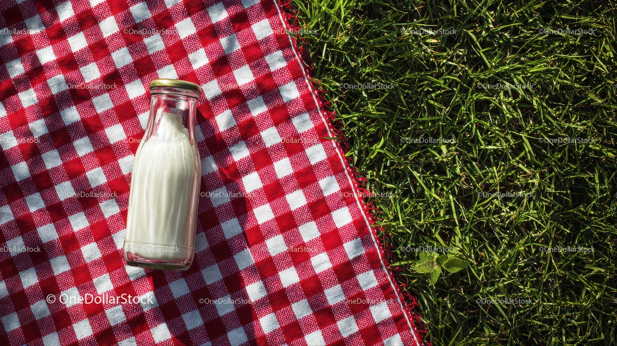 Glass Bottle of Milk on Red Checkered Picnic Blanket
