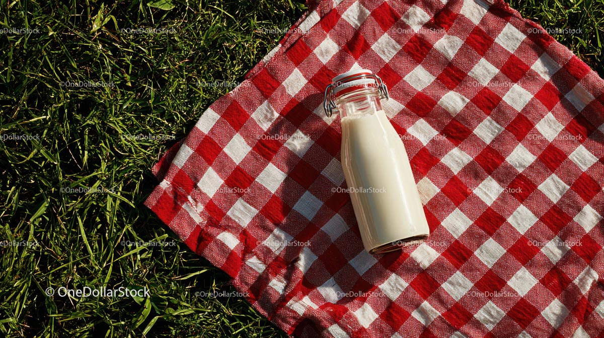 Milk Bottle on Red Checkered Picnic Blanket