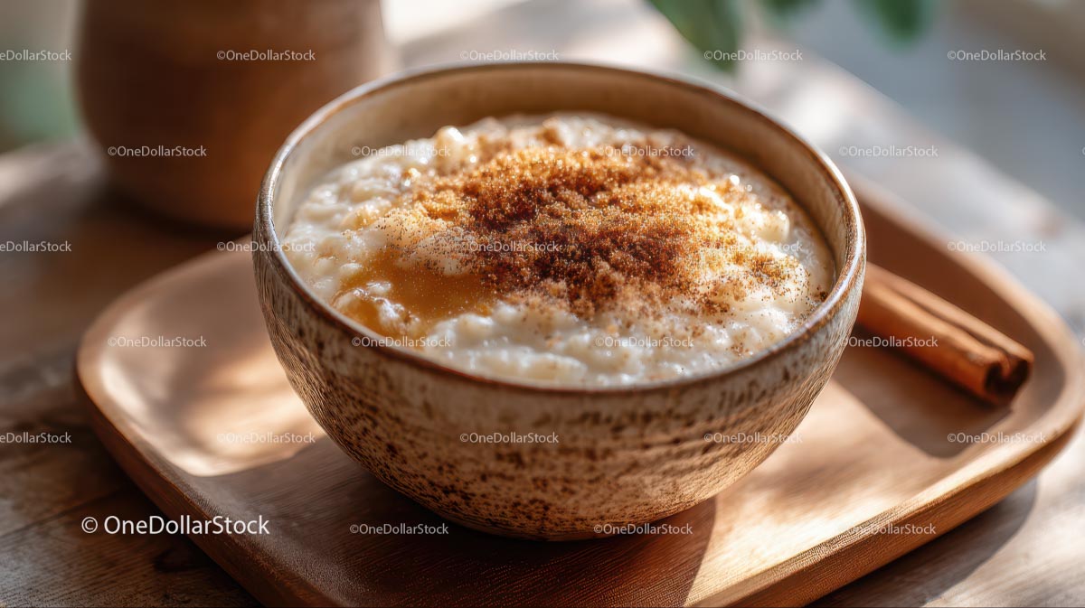 Rustic Cinnamon Rice Pudding in Morning Light