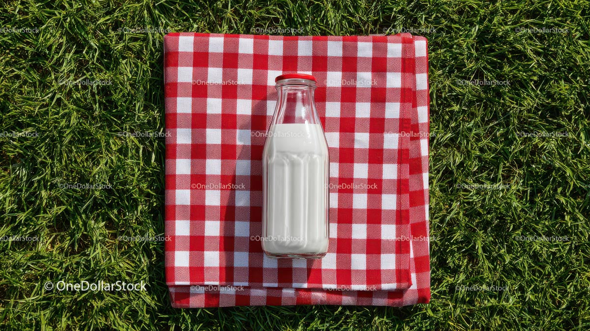 Fresh Milk Bottle on Red Checkered Picnic Cloth