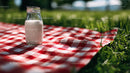 Milk Bottle on Red Plaid Picnic Cloth in Sunny Field