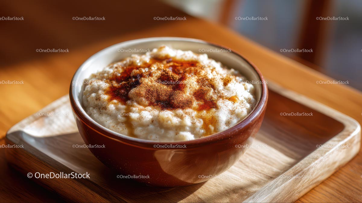 Creamy Oatmeal with Cinnamon on Wooden Tray