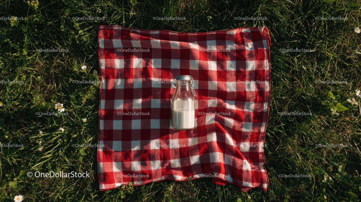 Milk Bottle on Red Checkered Picnic Blanket in Sunny Meadow