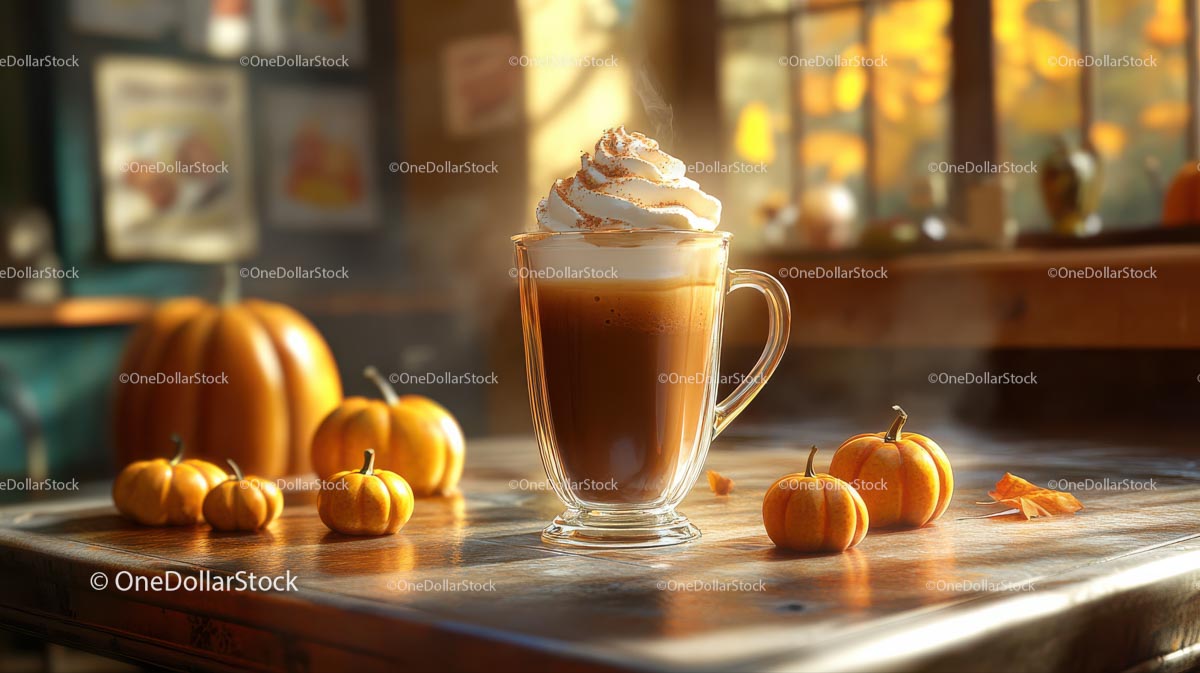 Pumpkin Spice Latte with Mini Pumpkins on Wooden Table