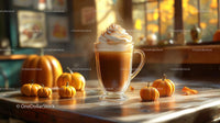 Pumpkin Spice Latte with Mini Pumpkins on Wooden Table