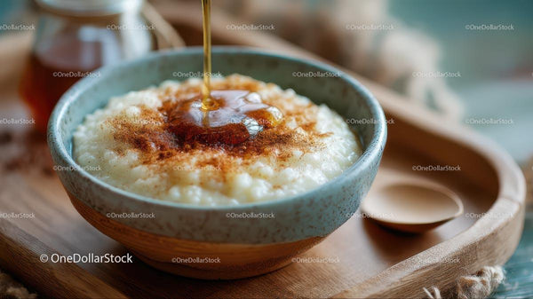 Creamy Rice Pudding with Drizzling Honey and Cinnamon