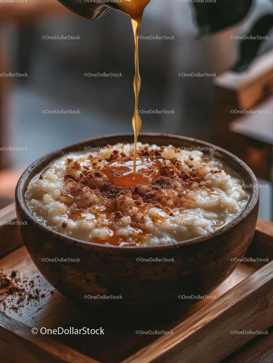Delicious Oatmeal with Honey and Cinnamon in Wooden Bowl